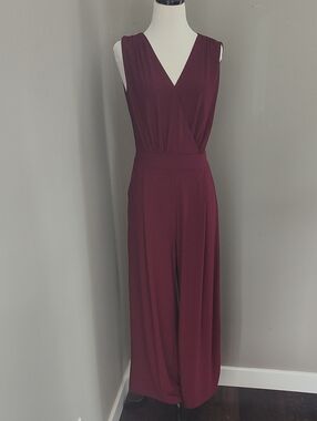 Sleeveless Crossover Wide-Leg Jumpsuit in Deep Wine With Belt & Zipper Closure